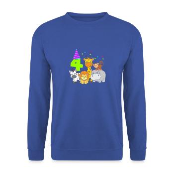 Geburtstag 4 Jahre Kinder Vier Zootiere - Unisex Pullover - Royalblau - Vorne - Alina (178cm) & Michal (187cm)