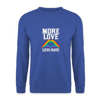 Mehr Liebe, weniger Hass, schwuler Stolz, LGBT Slim Fit - Unisex Pullover - Royalblau - Vorne - Alina (178cm) & Michal (187cm)