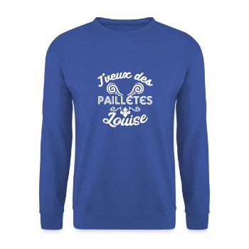 Cadeau femme J'veux des pailletes Louise - Sweat-shirt Unisexe - bleu royal - Devant - Alina (178cm) & Michal (187cm)