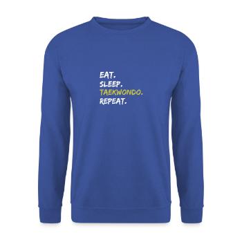 Essen. Schlafen. Taekwondo. Wiederholen. Geschenk Kampfkunst - Unisex Pullover - Royalblau - Vorne - Alina (178cm) & Michal (187cm)