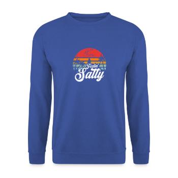 Feeling Salty Island Urlaub Surfen Palm Retro - Unisex Pullover - Royalblau - Vorne - Alina (178cm) & Michal (187cm)