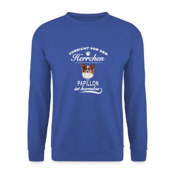Vorsicht vor dem Herrchen, Hund harmlos - Papillon - Unisex Pullover - Royalblau - Vorne - Alina (178cm) & Michal (187cm)