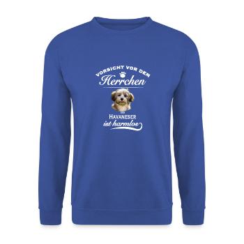 Vorsicht vor dem Herrchen, harmloser Havaneser - Unisex Pullover - Royalblau - Vorne - Alina (178cm) & Michal (187cm)
