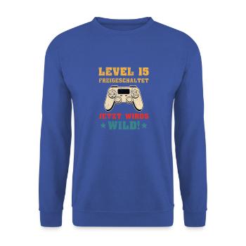 Level 15 Freigeschaltet Geburtstagsgeschenk - Unisex Pullover - Royalblau - Vorne - Alina (178cm) & Michal (187cm)