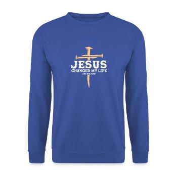 Jesus hat mein Leben verändert, 1 Kreuz 3 Nägel 4 gegeben - Unisex Pullover - Royalblau - Vorne - Alina (178cm) & Michal (187cm)