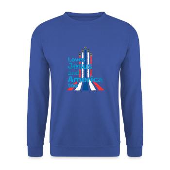 Aime Jésus et l’Amérique aussi avec Fighter Jet Red - Sweat-shirt Unisexe - bleu royal - Devant - Alina (178cm) & Michal (187cm)