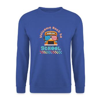 Willkommen zurück in der Schule Lustiger Schulbus mit Vintage - Unisex Pullover - Royalblau - Vorne - Alina (178cm) & Michal (187cm)