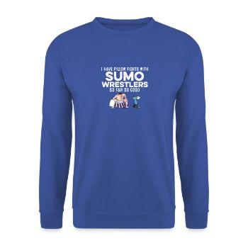 Ich habe Kissenschlachten mit Sumo-Ringern Rapper - Unisex Pullover - Royalblau - Vorne - Alina (178cm) & Michal (187cm)