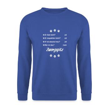 Er liebt Dich. Wer ist das? Mein - Zwergspitz - Unisex Pullover - Royalblau - Vorne - Alina (178cm) & Michal (187cm)