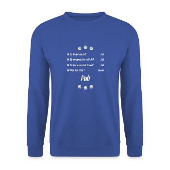 Er liebt Dich. Wer ist das? Mein - Puli - Unisex Pullover - Royalblau - Vorne - Alina (178cm) & Michal (187cm)