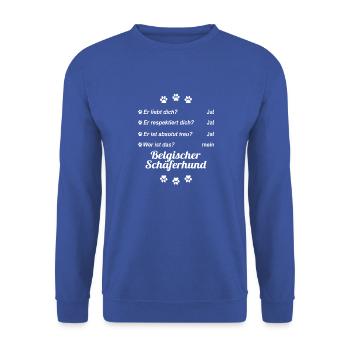 Er liebt Dich. Wer ist das? Mein - Schäferhund - Unisex Pullover - Royalblau - Vorne - Alina (178cm) & Michal (187cm)