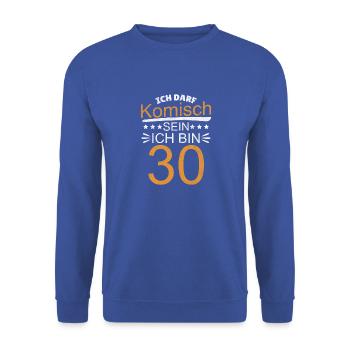 30. Geburtstag - Unisex Pullover - Royalblau - Vorne - Alina (178cm) & Michal (187cm)