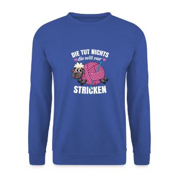 Stricknadel Die Tut Nichts Die Will Nur Stricken - Unisex Pullover - Royalblau - Vorne - Alina (178cm) & Michal (187cm)