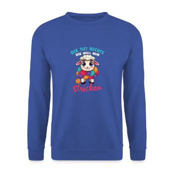 Strickarbeit, Stricken, Schneiderin, Wolle, Strick - Unisex Pullover - Royalblau - Vorne - Alina (178cm) & Michal (187cm)