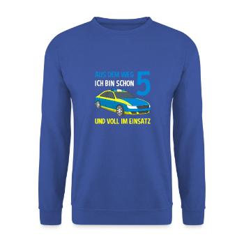 Polizist Einsatzleiter 5. Geburtstag Polizeiauto - Unisex Pullover - Royalblau - Vorne - Alina (178cm) & Michal (187cm)