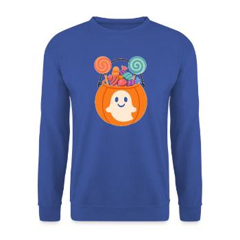Kürbis mit Süßigkeiten und Geistermotiven - Unisex Pullover - Royalblau - Vorne - Alina (178cm) & Michal (187cm)