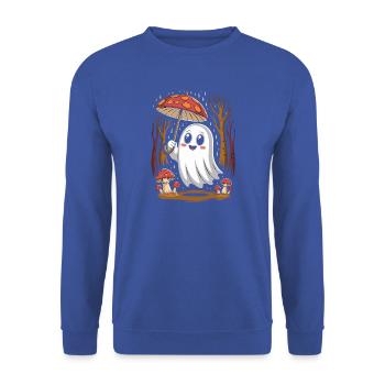 Fröhlicher Geist mit Pilzschirm im Wald - Unisex Pullover - Royalblau - Vorne - Alina (178cm) & Michal (187cm)