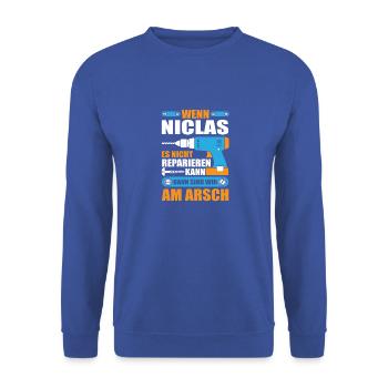 NICLAS Name Geschenk Reparatur reparieren - Unisex Pullover - Royalblau - Vorne - Alina (178cm) & Michal (187cm)
