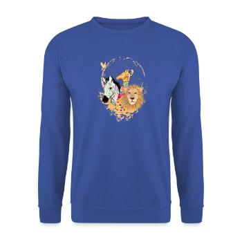 Drei bunte Tiere in Afrika Zebra,Giraffe und Löwe - Unisex Pullover - Royalblau - Vorne - Alina (178cm) & Michal (187cm)
