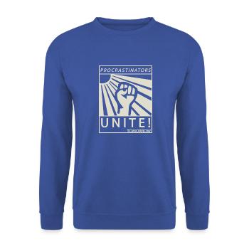 Procrastinators Unite Tomorrow Chillen Geschenk - Unisex Pullover - Royalblau - Vorne - Alina (178cm) & Michal (187cm)