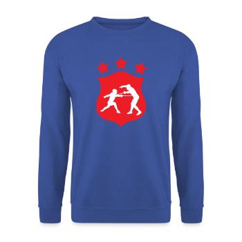 Fecht-Silhouetten-Duell und Kampfwappen - Unisex Pullover - Royalblau - Vorne - Alina (178cm) & Michal (187cm)