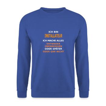 installateur - Unisex Pullover - Royalblau - Vorne - Alina (178cm) & Michal (187cm)