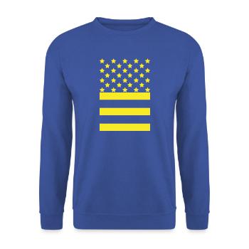 Gelbe Sterne auf schwarz gestreiftem Hintergrund - Unisex Pullover - Royalblau - Vorne - Alina (178cm) & Michal (187cm)