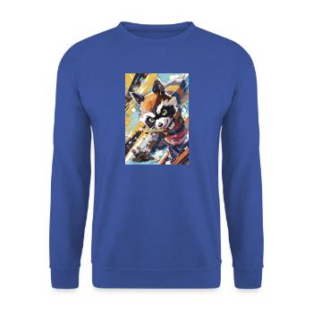 Waschbär-Abenteurer Neon in Aktion - Unisex Pullover - Royalblau - Vorne - Alina (178cm) & Michal (187cm)