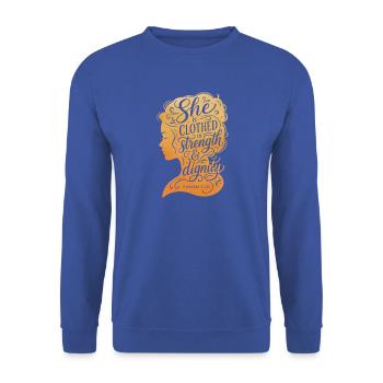 She is Clothed in Strength & Dignity - Unisex Pullover - Royalblau - Vorne - Alina (178cm) & Michal (187cm)