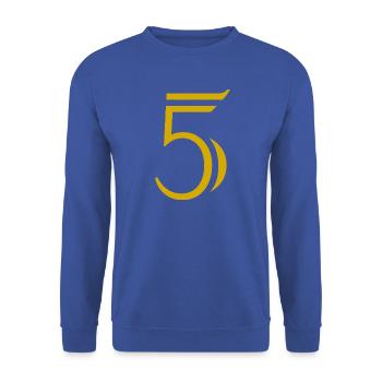 5. JUBILÄUM. 5 JAHRE. 5. JUBILÄUM. KIND - Unisex Pullover - Royalblau - Vorne - Alina (178cm) & Michal (187cm)