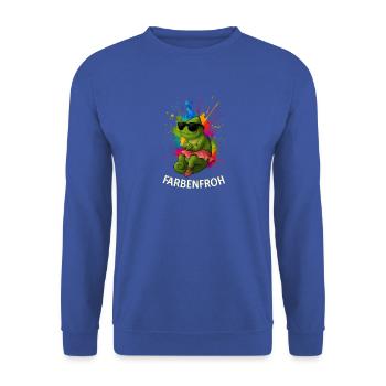 Farbfroher Frosch mit Spektrum - Unisex Pullover - Royalblau - Vorne - Alina (178cm) & Michal (187cm)