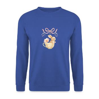 Pastellfarbener Hase in geblümter Tasse - Unisex Pullover - Royalblau - Vorne - Alina (178cm) & Michal (187cm)