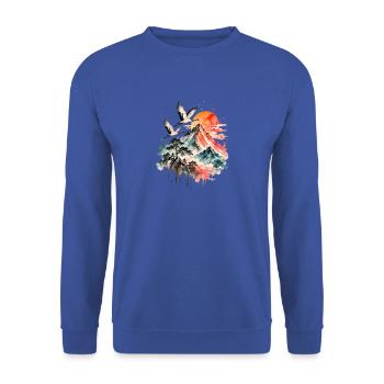 Japan Kraniche Berg Aquarell - Unisex Pullover - Royalblau - Vorne - Alina (178cm) & Michal (187cm)