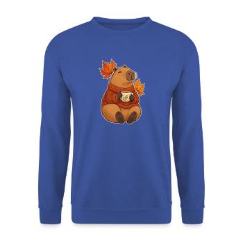 Capybara im Pullover mit einer Tasse Tee - Unisex Pullover - Royalblau - Vorne - Alina (178cm) & Michal (187cm)
