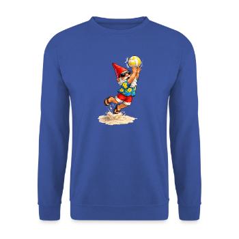 Gartenzwerg beim Strandvolleyball im Sommer  - Unisex Pullover - Royalblau - Vorne - Alina (178cm) & Michal (187cm)