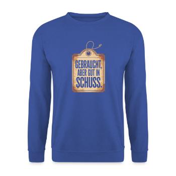 Gebraucht Aber Gut In Schuss Oldtimer Geburtstag - Unisex Pullover - Royalblau - Vorne - Alina (178cm) & Michal (187cm)