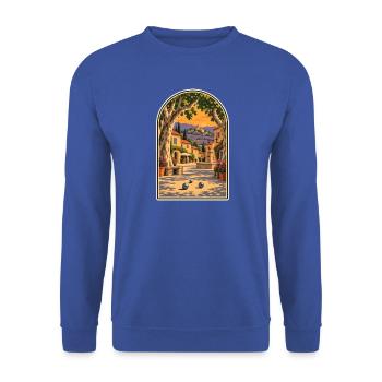 Dorf Provence-Plakat mit Petanque-Kugeln - Unisex Pullover - Royalblau - Vorne - Alina (178cm) & Michal (187cm)