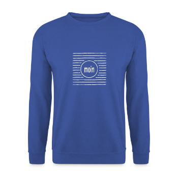 moin - norddeutscher Gruß und maritime Streifen - Unisex Pullover - Royalblau - Vorne - Alina (178cm) & Michal (187cm)