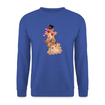Lebkuchenmann als Lokführer auf der Lebkuchen Lok - Unisex Pullover - Royalblau - Vorne - Alina (178cm) & Michal (187cm)