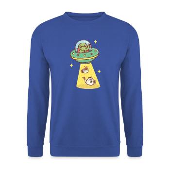 Lustiger Außerirdischer entführt Tee und Teekanne - Unisex Pullover - Royalblau - Vorne - Alina (178cm) & Michal (187cm)