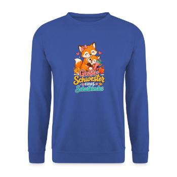 Große Schwester Schultüte Fuchs - Unisex Pullover - Royalblau - Vorne - Alina (178cm) & Michal (187cm)