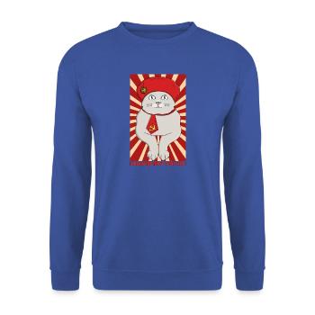 Vorsitzender Meow – Der Anführer der Purr-ty - Unisex Pullover - Royalblau - Vorne - Alina (178cm) & Michal (187cm)