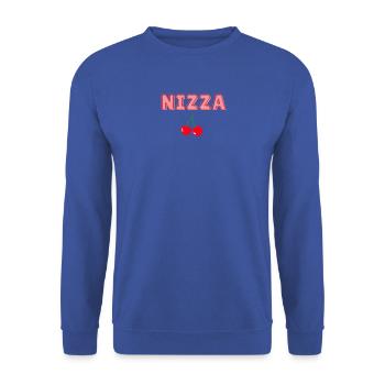 Nizza Pink Schrift mit Kirschen - Unisex Pullover - Royalblau - Vorne - Alina (178cm) & Michal (187cm)