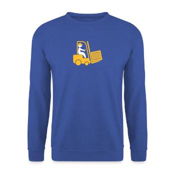 Ein Gabelstapler, der eine Schachtel transportiert - Unisex Pullover - Royalblau - Vorne - Alina (178cm) & Michal (187cm)