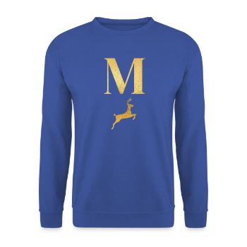 Buchstabe m goldener Hirsch - Geschenkidee - Unisex Pullover - Royalblau - Vorne - Alina (178cm) & Michal (187cm)