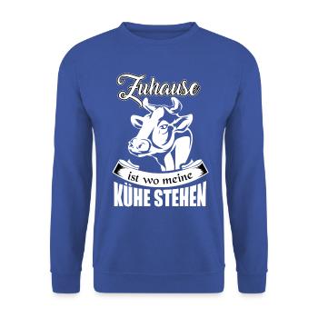Landwirt, Zuhause ist wo meine Kühe stehen, Kuh - Unisex Pullover - Royalblau - Vorne - Alina (178cm) & Michal (187cm)