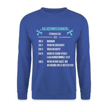 Stundenlohn | Anlagenmechaniker - Unisex Pullover - Royalblau - Vorne - Alina (178cm) & Michal (187cm)