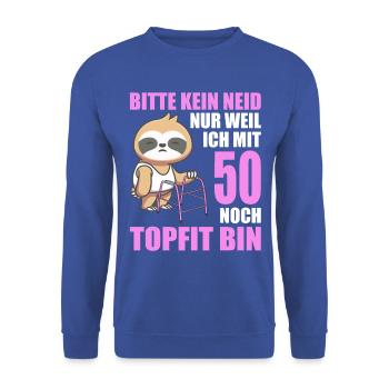 50. Geburtstag 50 Jahre Faultier Faultiere - Unisex Pullover - Royalblau - Vorne - Alina (178cm) & Michal (187cm)
