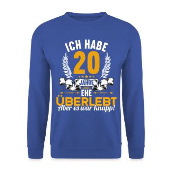 Ich habe 20 Jahre Ehe überlebt 20.Hochzeitstag - Unisex Pullover - Royalblau - Vorne - Alina (178cm) & Michal (187cm)