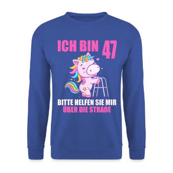 Ich bin 47 Bitte helfen Sie mir über Straße - Unisex Pullover - Royalblau - Vorne - Alina (178cm) & Michal (187cm)